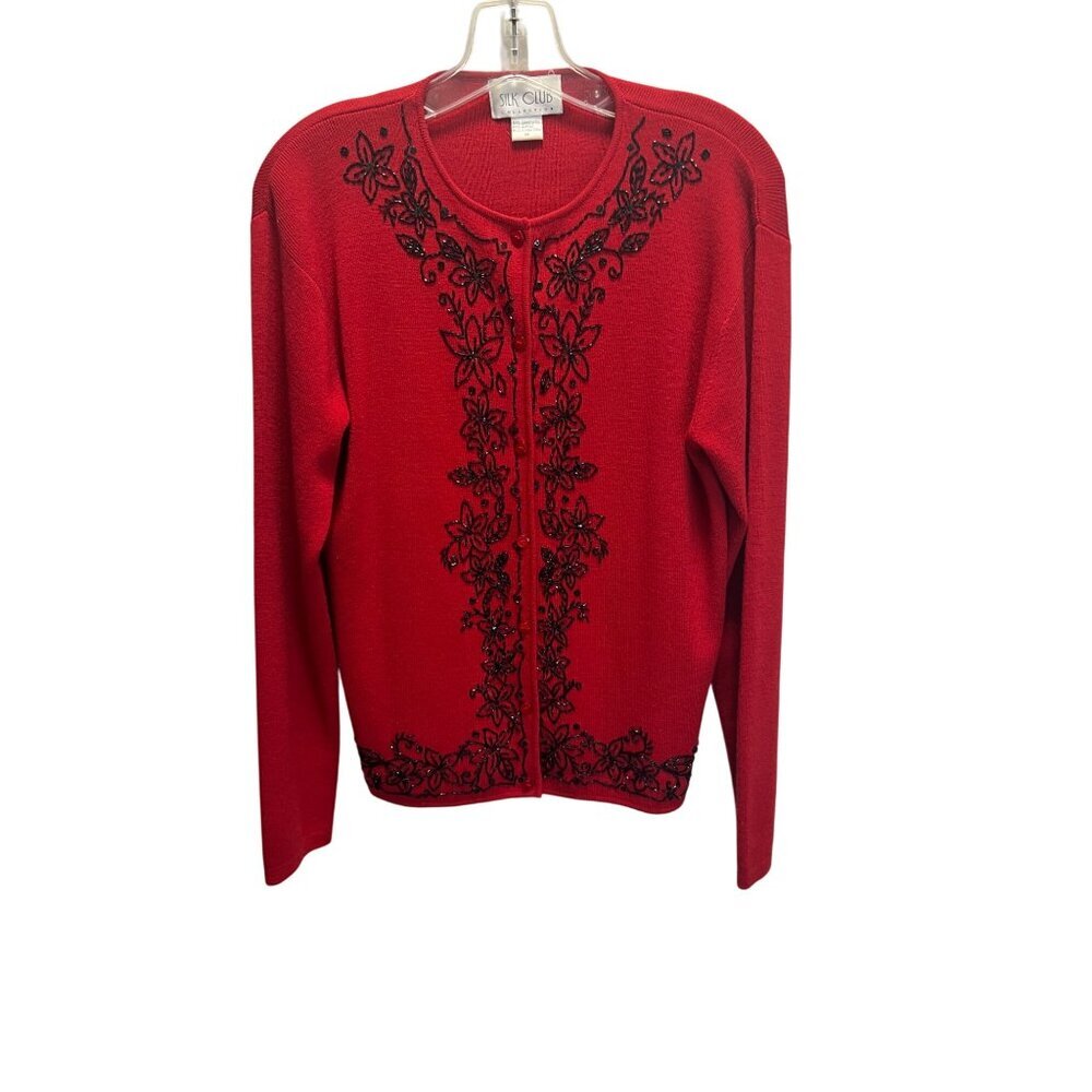 Silk Club Red Cardigan With Black Floral Beaded Embroidery  Womens Medium Long